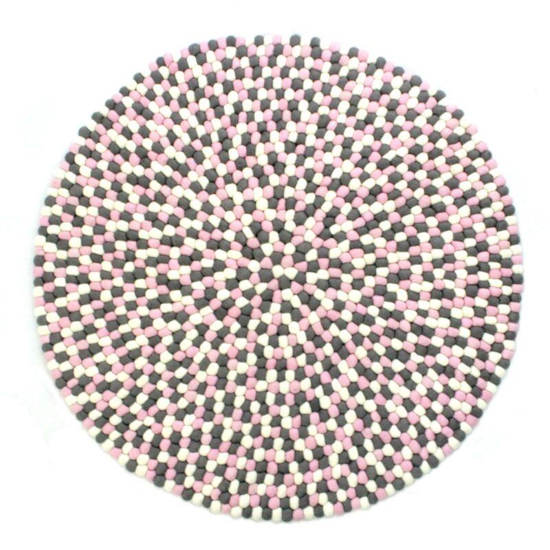 Håndlaget kuleteppe i 100 % ren ull – rosa, grå og hvit